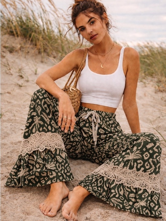 Source Unknown Pants - Boho Palm Print Lace Trim Wide Leg Pants S/M Flowy Festival